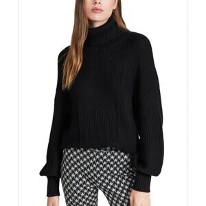 Staud Benny Black Check Turtleneck Blouson Sleeve Chunky Knit Sweater